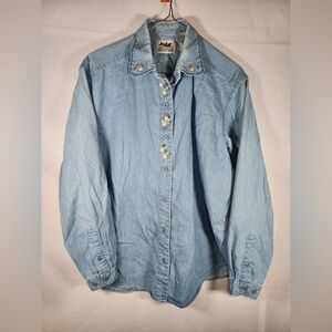 Northern Reflections Floral Embroidered Denim Button Front Shirt Size Medium